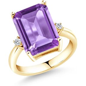 Gem Stone King 18K Yellow Gold Plated Silver Purple Amethyst and White Topaz Ring For Women (7.28 Cttw, Emerald Cut Checkerboard 14x10MM, Gemstone February Birthstone, Available In Size 5, 6, 7, 8, 9)