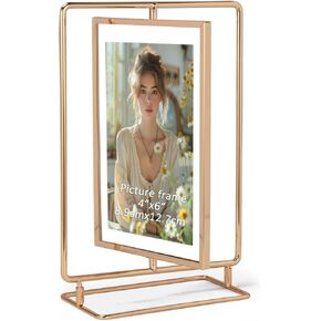 Rotating Picture Frame for 3.5x5 Picture, Gold Metal Standing Double Sided 3.5x5 Floating Picture Frame for Vertical Table Display, Single