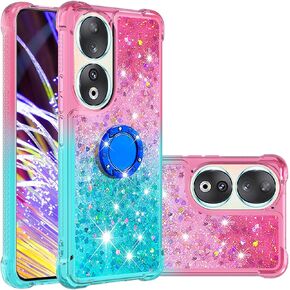 Glitter Case for Honor 90 for Women Girls Bling Sparkle Colorful Gradient Quicksand Soft TPU Liquid Cover Case with Ring Stand for Honor 90 JB-Green Purple