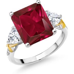 Gem Stone King 925 Silver and 10K Yellow Gold Red Created Ruby Moissanite and Diamond 3 Stone Ring For Women (6.66 Cttw, Gemstone July Birthstone, Emerald Cut 12X10MM, Available In Size 5, 6, 7, 8, 9)