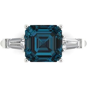 Clara Pucci 3.47ct Asscher Baguette cut 3 stone Solitaire accent Natural London Blue Topaz gemstone designer Modern Ring 14k White Gold