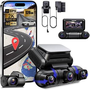 PRUVEEO Dash Cam, 4 Channel Front and Rear Inside Left Right, Microwave Radar Motion Detection Parking Mode Monitoring, Built-in GPS WiFi, Free 128GB Card, D90-4CH-RGW