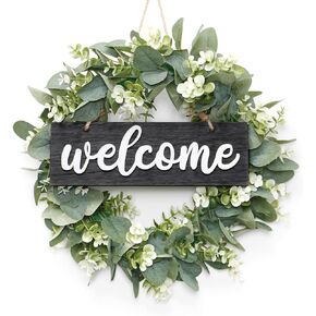 Dremisland Wreath for Front Door 16 Inch Eucalyptus Leaves Wreath Green Leaves Wreath with Welcome Sign Door Wreath Spring Summer Wreath for Farmhouse Home Porch Indoor Outdoor Decor (Black)