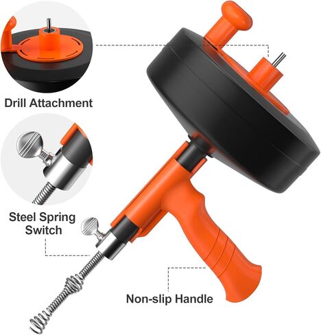 مثقاب الصرف الصحي، ثعبان السباكة مع محول المثقاب، مثقاب طبل فولاذي مرن للخدمة الشاقة بطول 50 قدمًا وثعبان فك القفل، يدوي أو مزود بقفازات عمل وحقيبة تخزين in Kuwait