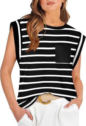 WIHOLL Womens Cap Sleeve Summer Tops Basic Tee Shirts with Front Pocket Casual Loose Fit 2024 Trendy in Saudi Arabia