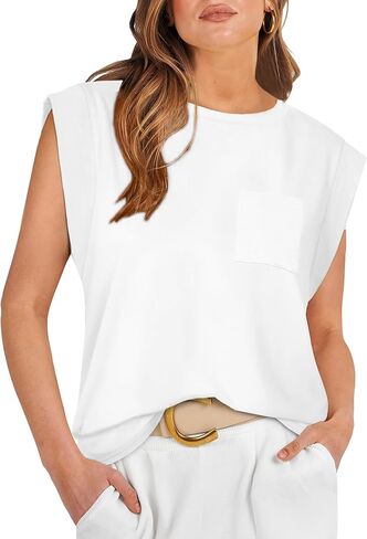 WIHOLL Womens Cap Sleeve Summer Tops Basic Tee Shirts with Front Pocket Casual Loose Fit 2024 Trendy in Saudi Arabia