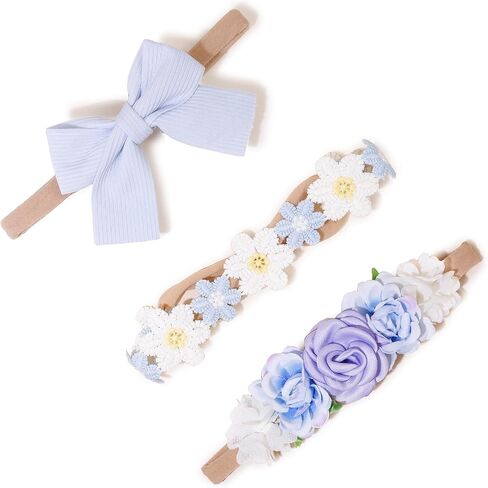 Baby Girl Headbands and Bows, 3 Pcs Soft Flower Nylon Elastic Hair Bands Headband Bow Cute Hair Accessories for Infant Toddler in Saudi Arabia
