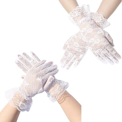 زوجان من قفازات الدانتيل النسائية الأنيقة، قفازات الدانتيل القصيرة، قفازات دانتيل الزهور، قفازات المعصم لحفلات الزفاف والهالوين وحفلات التخرج وحفلات الشاي والولائم - نمط أبيض 2 in Kuwait