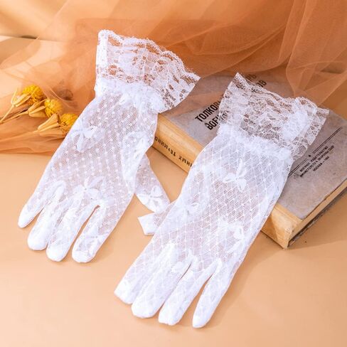 زوجان من قفازات الدانتيل النسائية الأنيقة، قفازات الدانتيل القصيرة، قفازات دانتيل الزهور، قفازات المعصم لحفلات الزفاف والهالوين وحفلات التخرج وحفلات الشاي والولائم - نمط أبيض 2 in Kuwait