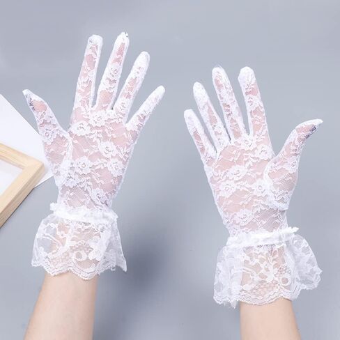 زوجان من قفازات الدانتيل النسائية الأنيقة، قفازات الدانتيل القصيرة، قفازات دانتيل الزهور، قفازات المعصم لحفلات الزفاف والهالوين وحفلات التخرج وحفلات الشاي والولائم - نمط أبيض 2 in Kuwait