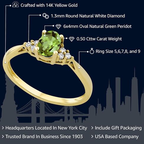 Gem Stone King 14K Yellow Gold Green Peridot and Diamond Engagement Ring | 0.50 Cttw | Oval 6X4MM | Gemstone Birthstone | Gold Ring For Women | Available in size 5, 6, 7, 8, 9 in Saudi Arabia
