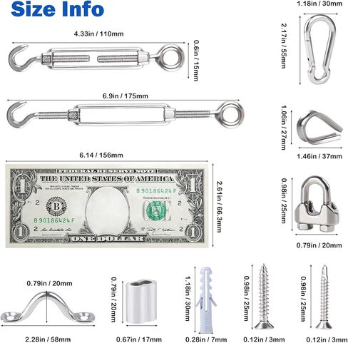 وصلة ربط المقطورة M5، كشتبان من الفولاذ المقاوم للصدأ/مثبت سرج على شكل حرف U/مشبك حلقة تسلق/برغي سنام، مشبك مشبك كابل M4 + ملحقات مختلفة للعين والأكمام كافية لتثبيت سلك شد معلق بسلسلة خفيفة in Kuwait