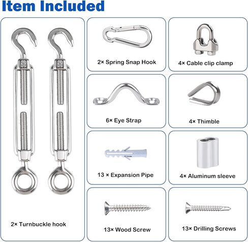 وصلة ربط المقطورة M5، كشتبان من الفولاذ المقاوم للصدأ/مثبت سرج على شكل حرف U/مشبك حلقة تسلق/برغي سنام، مشبك مشبك كابل M4 + ملحقات مختلفة للعين والأكمام كافية لتثبيت سلك شد معلق بسلسلة خفيفة in Kuwait