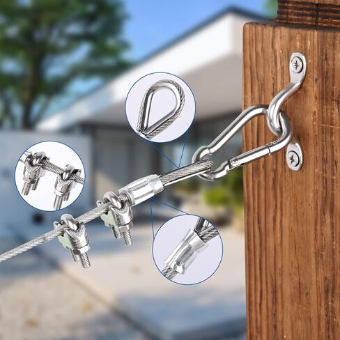 وصلة ربط المقطورة M5، كشتبان من الفولاذ المقاوم للصدأ/مثبت سرج على شكل حرف U/مشبك حلقة تسلق/برغي سنام، مشبك مشبك كابل M4 + ملحقات مختلفة للعين والأكمام كافية لتثبيت سلك شد معلق بسلسلة خفيفة in Kuwait