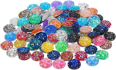 Penta Angel 120Pcs 12mm Round Flat Back Resin Cabochon Beads Shinny Faux Druzy Embellishment Cabochons Cameo for Bezel Pendant Trays Jewelry Earring Bracelet Necklace Making and Craft DIY in Saudi Arabia