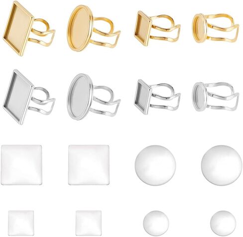 DICOSMETIC 8Pcs Cabochon Ring Trays 10/18mm Square and Round Bezel Finger Ring 2 Colors Stainless Steel Cuff Ring Blanks with 8Pcs Glass Cabochons for DIY Ring Jewelry in Saudi Arabia