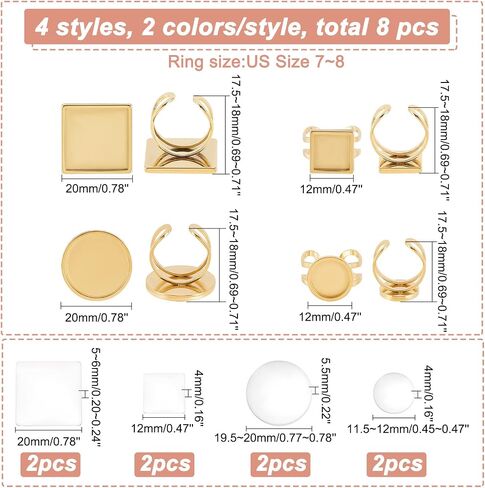 DICOSMETIC 8Pcs Cabochon Ring Trays 10/18mm Square and Round Bezel Finger Ring 2 Colors Stainless Steel Cuff Ring Blanks with 8Pcs Glass Cabochons for DIY Ring Jewelry in Saudi Arabia