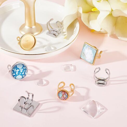 DICOSMETIC 8Pcs Cabochon Ring Trays 10/18mm Square and Round Bezel Finger Ring 2 Colors Stainless Steel Cuff Ring Blanks with 8Pcs Glass Cabochons for DIY Ring Jewelry in Saudi Arabia