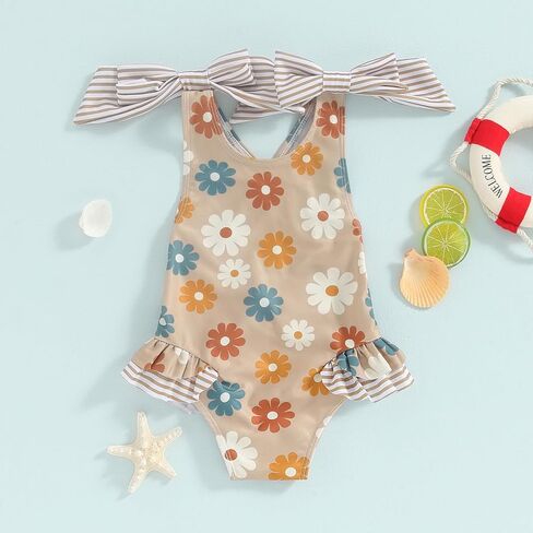 Toddler Kids Girl Swimsuit Floral Print Bowknot Sleeveless Bathing Suit Ruffles Summer Beachwear One Piece Swimwear in Saudi Arabia