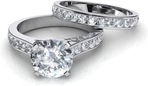 طقم خاتم خطوبة وحزام زفاف مويسانيتي 1.0 قيراط - 2.0 قيراط من الفضة المطلية بالبلاتينيوم مقاس 7.5 in Kuwait