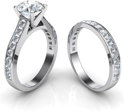 طقم خاتم خطوبة وحزام زفاف مويسانيتي 1.0 قيراط - 2.0 قيراط من الفضة المطلية بالبلاتينيوم مقاس 7.5 in Kuwait