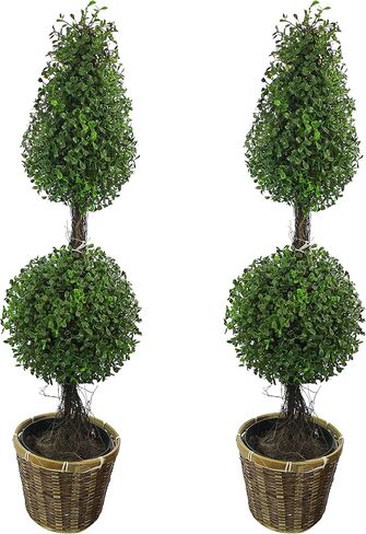 36 بوصة شجرة نبات توبياري اصطناعية 2 كرة على شكل خشب البقس الصناعي مع مزارعين لديكور المنزل والمكتب والشرفة الأمامية في الداخل والخارج مع سلة من الخيزران، ABNT001B-NTRL-2، مجموعة من 2 in Kuwait