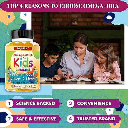 علكات أوميغا + DHA للأطفال والمراهقين، علكات الدماغ للذاكرة والتركيز، أوميغا 3 للأطفال تدعم الرؤية وصحة القلب والوضوح والانتباه | نباتي، غير معدّل وراثيًا | 60 قطعة مضغ مصنوعة في الولايات المتحدة الأمريكية in Saudi Arabia