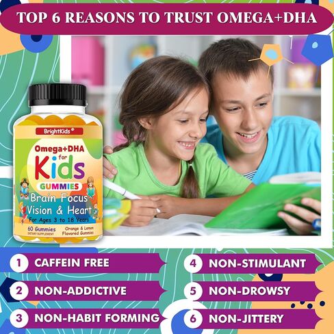علكات أوميغا + DHA للأطفال والمراهقين، علكات الدماغ للذاكرة والتركيز، أوميغا 3 للأطفال تدعم الرؤية وصحة القلب والوضوح والانتباه | نباتي، غير معدّل وراثيًا | 60 قطعة مضغ مصنوعة في الولايات المتحدة الأمريكية in Saudi Arabia