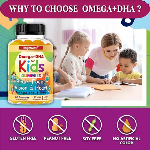 علكات أوميغا + DHA للأطفال والمراهقين، علكات الدماغ للذاكرة والتركيز، أوميغا 3 للأطفال تدعم الرؤية وصحة القلب والوضوح والانتباه | نباتي، غير معدّل وراثيًا | 60 قطعة مضغ مصنوعة في الولايات المتحدة الأمريكية in Saudi Arabia