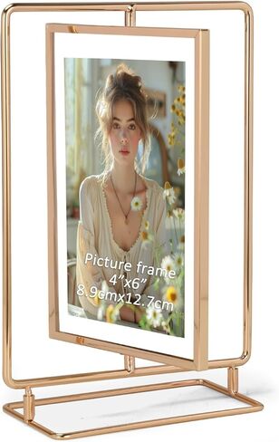 إطار صورة دوار لصورة مقاس 3.5 × 5، إطار صورة عائم معدني ذهبي مزدوج الجوانب مقاس 3.5 × 5 لعرض الطاولة العمودية، فردي in Kuwait