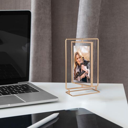 إطار صورة دوار لصورة مقاس 3.5 × 5، إطار صورة عائم معدني ذهبي مزدوج الجوانب مقاس 3.5 × 5 لعرض الطاولة العمودية، فردي in Kuwait