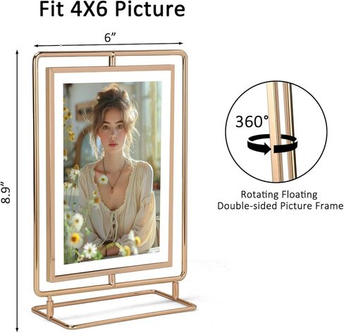 إطار صورة دوار لصورة مقاس 3.5 × 5، إطار صورة عائم معدني ذهبي مزدوج الجوانب مقاس 3.5 × 5 لعرض الطاولة العمودية، فردي in Kuwait