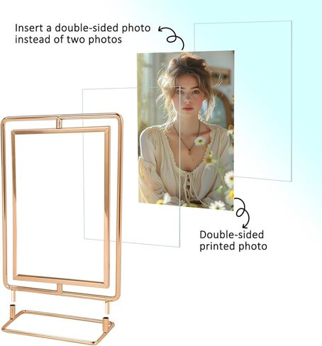 إطار صورة دوار لصورة مقاس 3.5 × 5، إطار صورة عائم معدني ذهبي مزدوج الجوانب مقاس 3.5 × 5 لعرض الطاولة العمودية، فردي in Kuwait