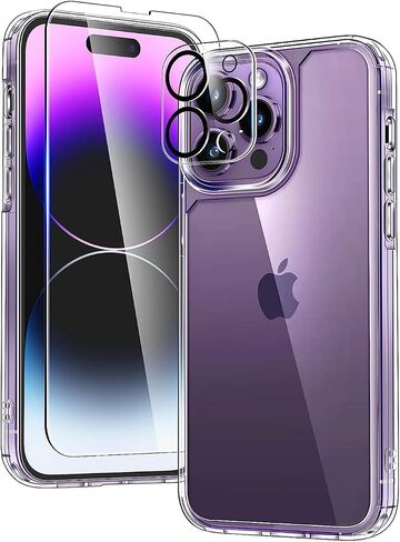 حافظة 5 في 1 لهاتف iPhone 14 Pro Max شفافة، غير صفراء، 2 واقي شاشة، 2 واقي عدسة الكاميرا، حماية من السقوط بدرجة عسكرية 15 قدمًا، حافظة رفيعة مقاومة للصدمات، حلقة مغناطيسية Magsafe in Saudi Arabia