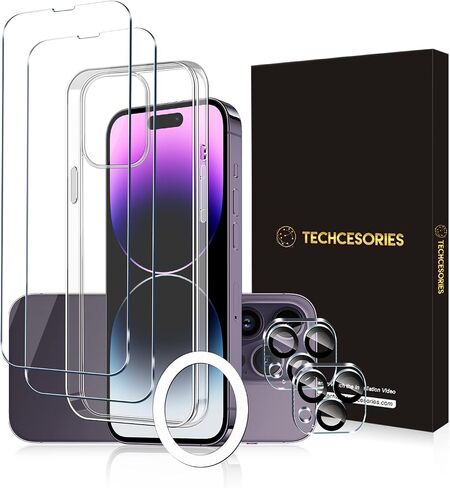 حافظة 5 في 1 لهاتف iPhone 14 Pro Max شفافة، غير صفراء، 2 واقي شاشة، 2 واقي عدسة الكاميرا، حماية من السقوط بدرجة عسكرية 15 قدمًا، حافظة رفيعة مقاومة للصدمات، حلقة مغناطيسية Magsafe in Saudi Arabia