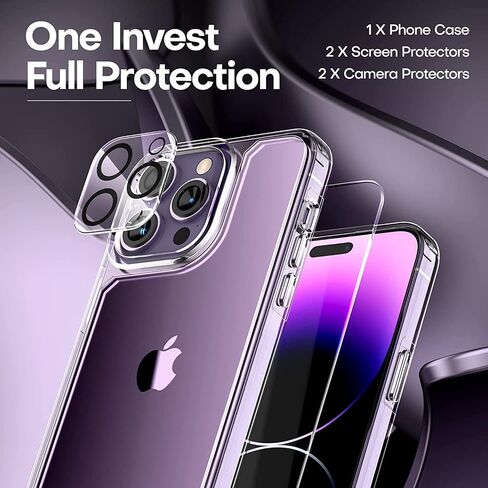 حافظة 5 في 1 لهاتف iPhone 14 Pro Max شفافة، غير صفراء، 2 واقي شاشة، 2 واقي عدسة الكاميرا، حماية من السقوط بدرجة عسكرية 15 قدمًا، حافظة رفيعة مقاومة للصدمات، حلقة مغناطيسية Magsafe in Saudi Arabia