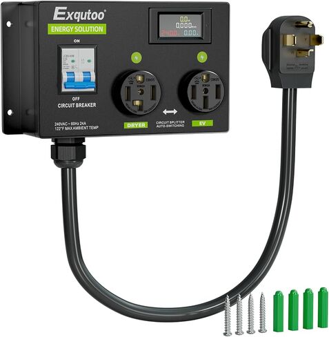 4 Prong (NEMA14-50R) Dryer Splitter with Breaker - 24 Amp 240V Dryer EV Splitter, NEMA 14-30 to 14-50 Auto Switch for Dryer & EV, Left-Side Power Supply Priority, 2 EVs Fast Charging in Saudi Arabia