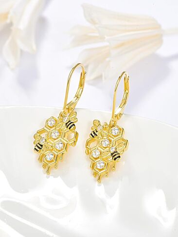Bee Honeycomb Dangle Earrings for Women 925 Sterling Silver Gold Plated Bumble Bees Drop Hook Jewelry Gifts in Kuwait