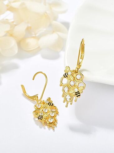 Bee Honeycomb Dangle Earrings for Women 925 Sterling Silver Gold Plated Bumble Bees Drop Hook Jewelry Gifts in Kuwait
