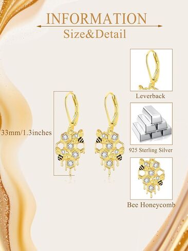 Bee Honeycomb Dangle Earrings for Women 925 Sterling Silver Gold Plated Bumble Bees Drop Hook Jewelry Gifts in Kuwait