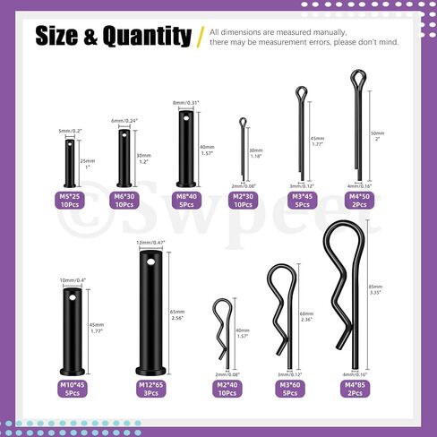 Swpeet 67Pcs 5 Sizes Clevis Pins with Cotter Pin Assortment Kit, Single Hole Flat Head Clevis Pins, R Pins, Hairpin, Cotter Pin, Split Pins Fitting Hole Location Pin Clips Fastener in Saudi Arabia