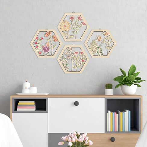 HOURIA 4PCS Boho Flower Wood Wall Art,Abstract Flower Market Wooden Wall Hanging Decor,8"x10"Colorful Matisse Wall Art Framed,Minimalist Floral Botanical Art Print for Girls Bedroom Living Room Office in Saudi Arabia
