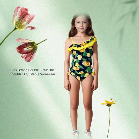 KALAWALK Girls Lemon Double Ruffle One Shoulder Adjustable Swimwear Fashionable One Piece Bathing Suit(5y-16y) in Kuwait