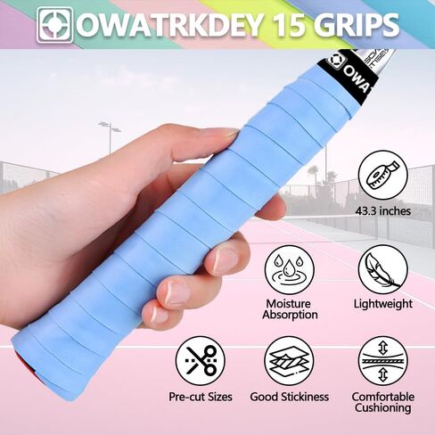 15 Pack Tennis Racket Grip Tape, Precut PU Anti-Slip Tennis Racquet Grip Tape with Dry Feel, Sweat Absorption, Comfortable Handle Overgrip Grip Wrap for Tennis/Badminton/Pickleball in Saudi Arabia