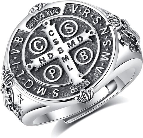 EUDORA S925 Sterling Silver St Benedict Ring San Benito Rings for Women Men, Vintage Saint Benedict Amulet Adjustable Ring Christian Catholic Jewelry Gifts for Women Mens Mother Father in Saudi Arabia