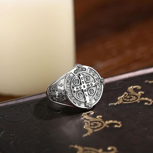 EUDORA S925 Sterling Silver St Benedict Ring San Benito Rings for Women Men, Vintage Saint Benedict Amulet Adjustable Ring Christian Catholic Jewelry Gifts for Women Mens Mother Father in Saudi Arabia
