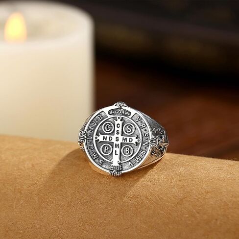 EUDORA S925 Sterling Silver St Benedict Ring San Benito Rings for Women Men, Vintage Saint Benedict Amulet Adjustable Ring Christian Catholic Jewelry Gifts for Women Mens Mother Father in Saudi Arabia