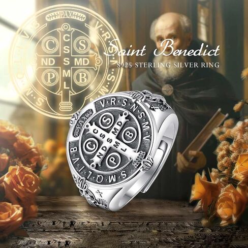 EUDORA S925 Sterling Silver St Benedict Ring San Benito Rings for Women Men, Vintage Saint Benedict Amulet Adjustable Ring Christian Catholic Jewelry Gifts for Women Mens Mother Father in Saudi Arabia