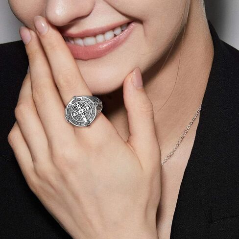 EUDORA S925 Sterling Silver St Benedict Ring San Benito Rings for Women Men, Vintage Saint Benedict Amulet Adjustable Ring Christian Catholic Jewelry Gifts for Women Mens Mother Father in Saudi Arabia