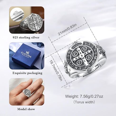 EUDORA S925 Sterling Silver St Benedict Ring San Benito Rings for Women Men, Vintage Saint Benedict Amulet Adjustable Ring Christian Catholic Jewelry Gifts for Women Mens Mother Father in Saudi Arabia